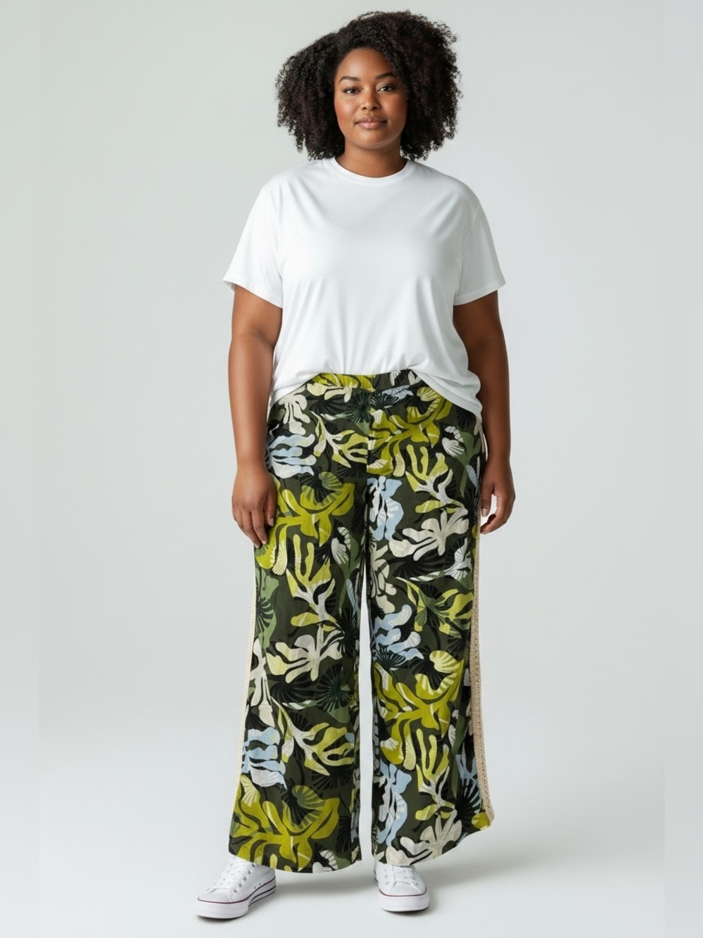 Leaf Print Crochet Trim Wide Leg Pants